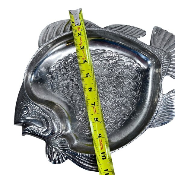 Vtg Fish Aluminum Pewter Serving Bowl Tray Platter Metal Fins Scales MCM - Picture 9 of 9